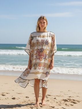 Ivory Silk Printed Floral Caftan with Black Trim Size 2x